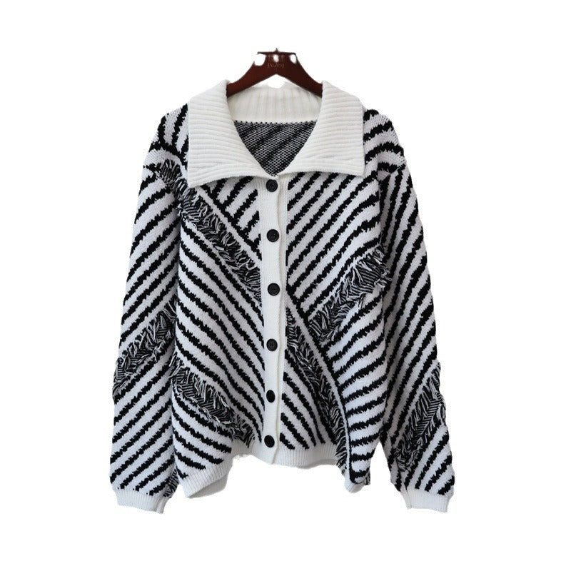 Striped Polo Collar Knitted Cardigan – Loose Fit with Tassel Detail