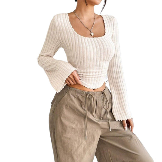 Elegant Square-Neck Trumpet Sleeve Crop Top