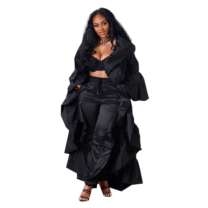 Women's Long Ruffled Shawl Windbreaker