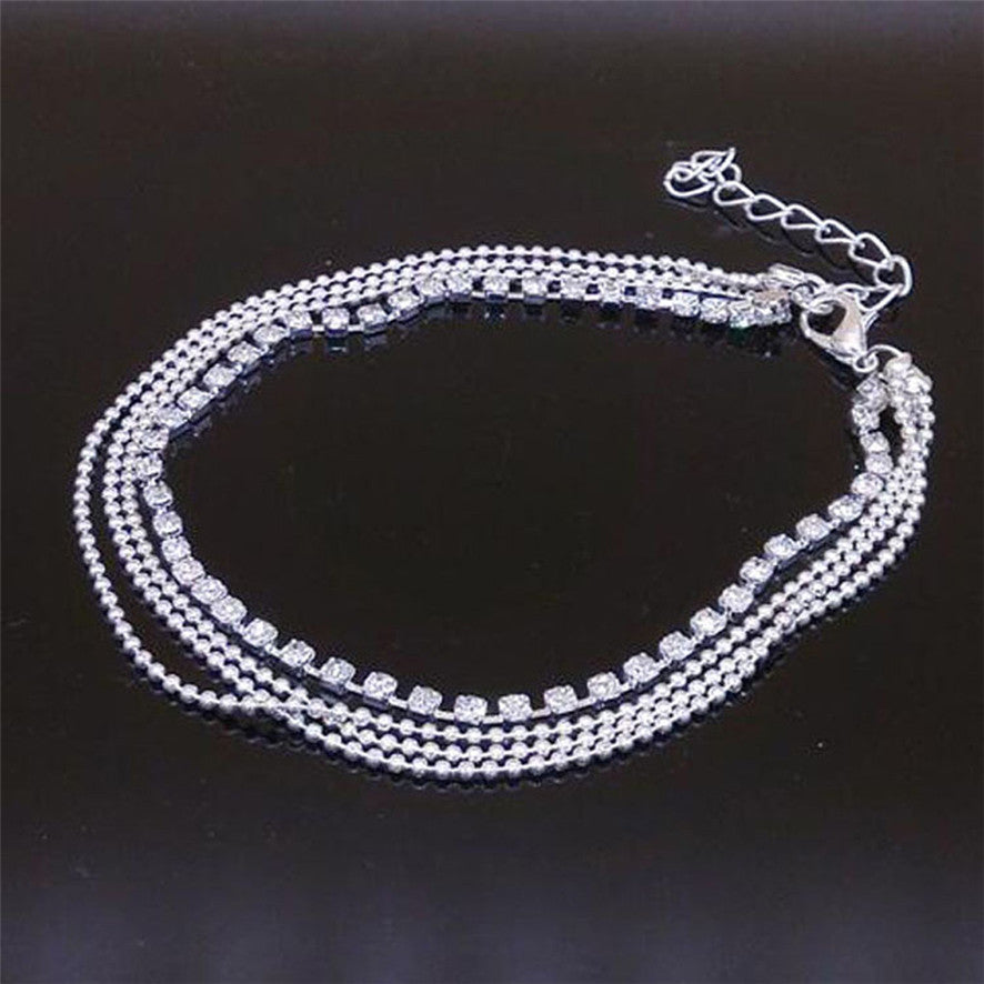 Multi-Layer Silver Crystal Ball Anklet