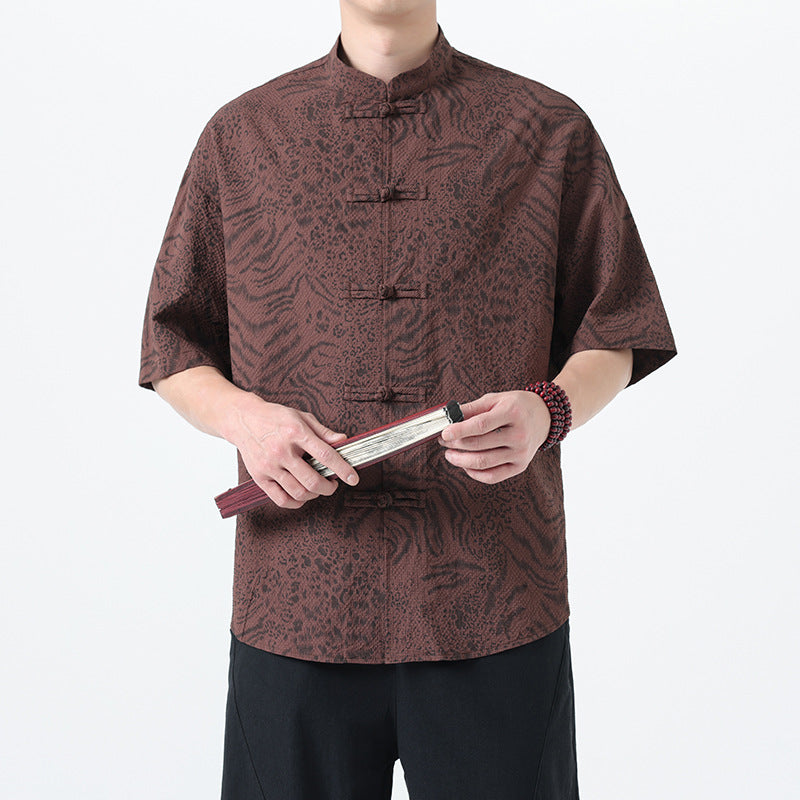 Traditional Tang Suit Short Sleeve Leopard Print Shirt