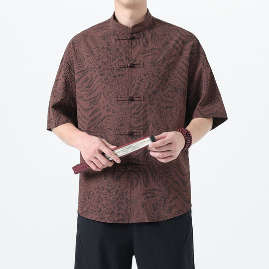 Traditional Tang Suit Short Sleeve Leopard Print Shirt