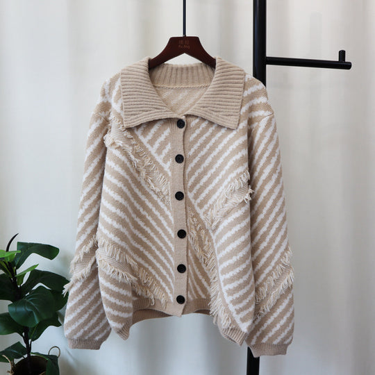 Striped Polo Collar Knitted Cardigan – Loose Fit with Tassel Detail