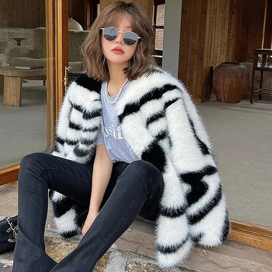 Zebra Pattern Faux Fur Winter Coat