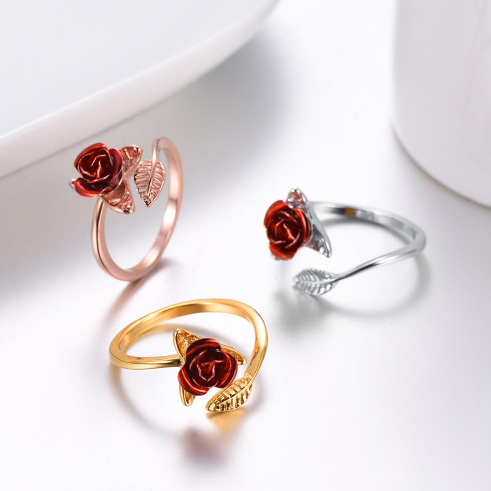 U7 Red Rose Bloom Adjustable Ring