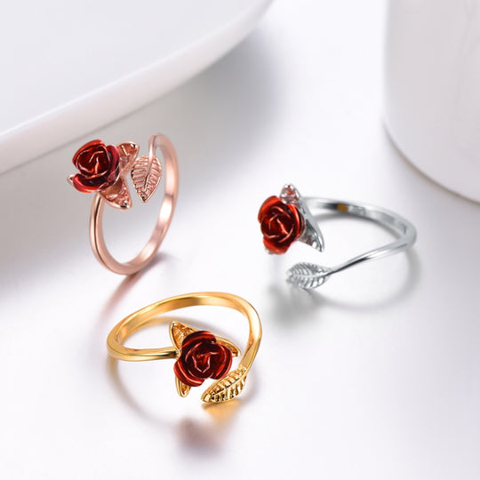 U7 Red Rose Bloom Adjustable Ring