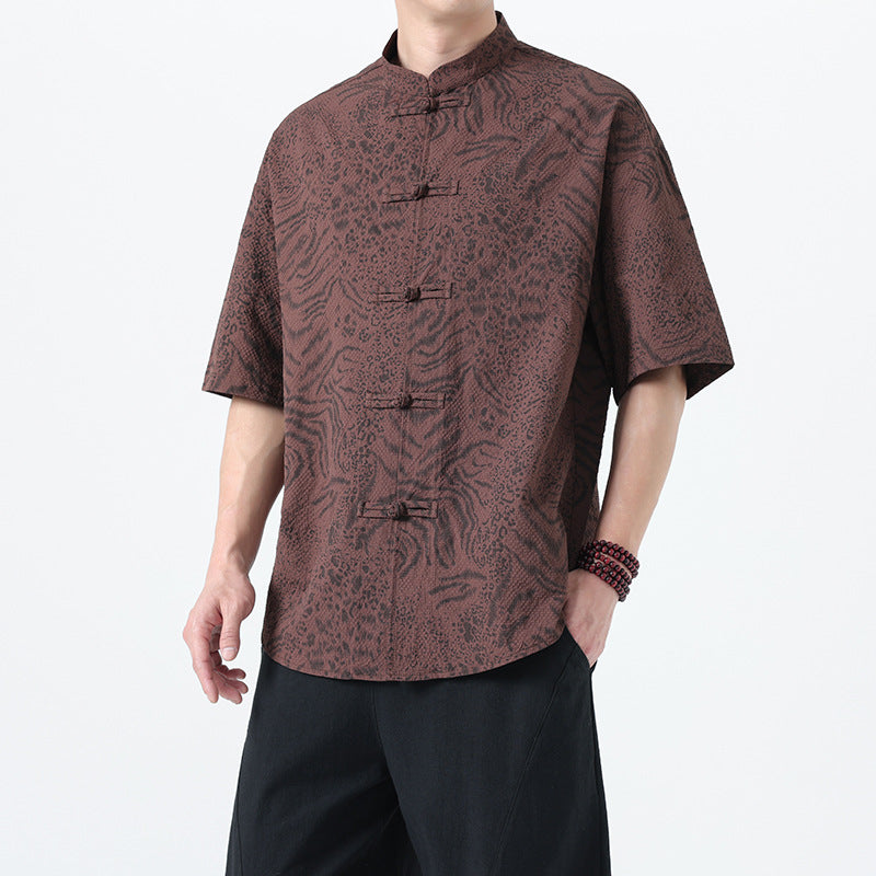 Traditional Tang Suit Short Sleeve Leopard Print Shirt