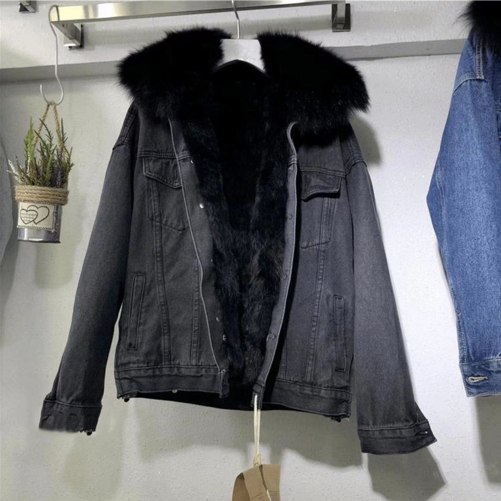 Korean-Style Denim Fur Collar Coat