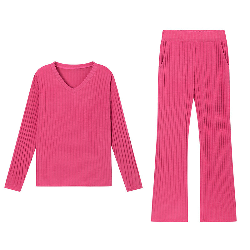 Chic Loose V-Neck Ribbed Knit Set with Straight Pants