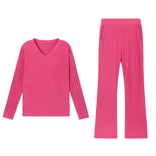 Chic Loose V-Neck Ribbed Knit Set with Straight Pants
