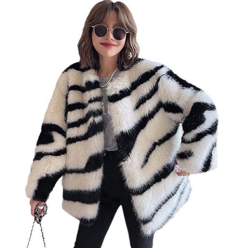 Zebra Pattern Faux Fur Winter Coat