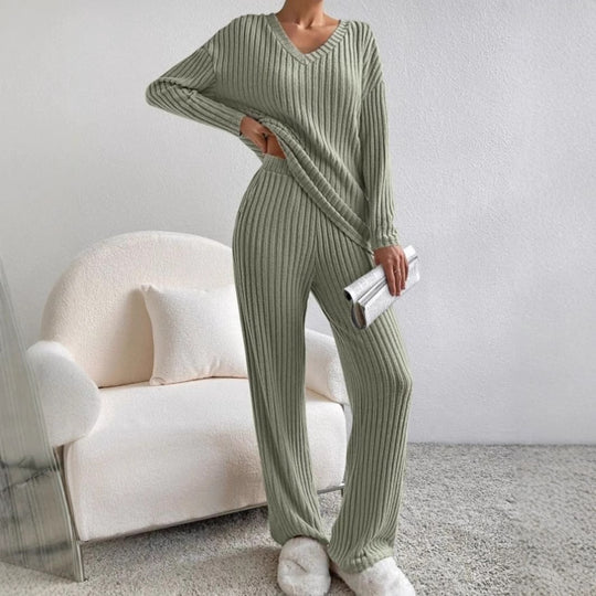 Chic Loose V-Neck Ribbed Knit Set with Straight Pants