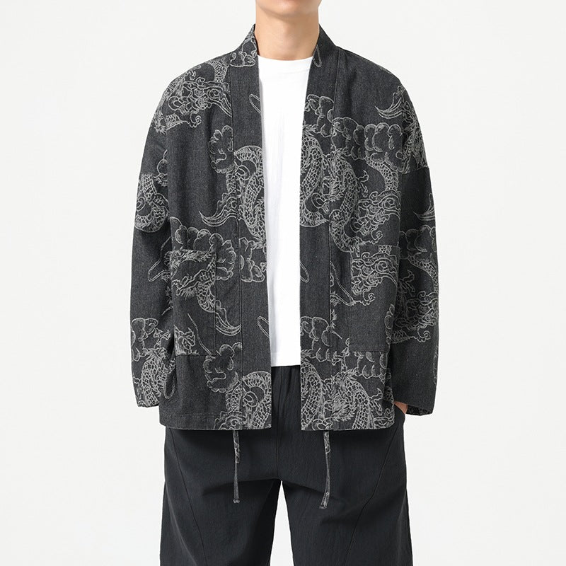 Men’s Loose Fit Denim Jacket – Dragon Robe Print, Chinese Style