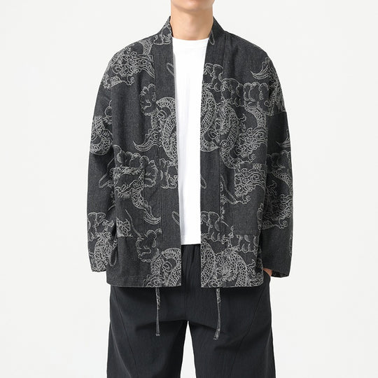 Men’s Loose Fit Denim Jacket – Dragon Robe Print, Chinese Style