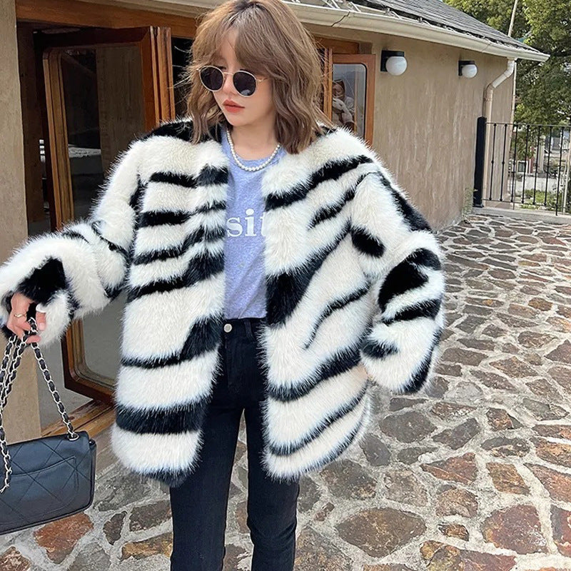 Zebra Pattern Faux Fur Winter Coat