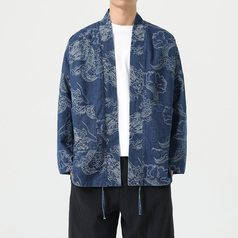 Men’s Loose Fit Denim Jacket – Dragon Robe Print, Chinese Style