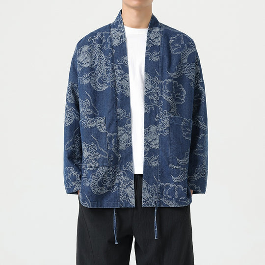Men’s Loose Fit Denim Jacket – Dragon Robe Print, Chinese Style