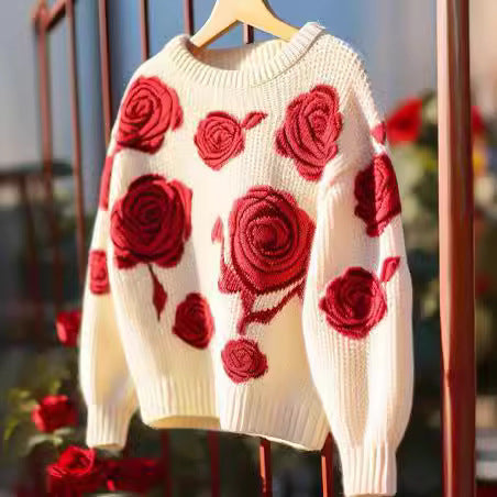 Retro Red Rose Knit Sweater – Loose & Soft Base Layer