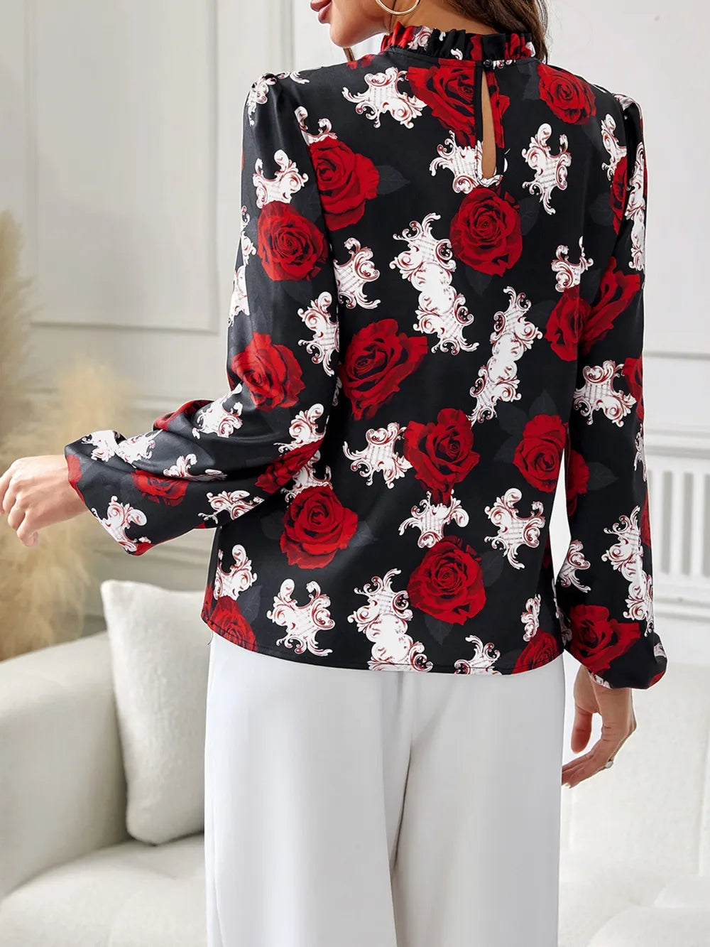 rose printed ruffle collar shirt
