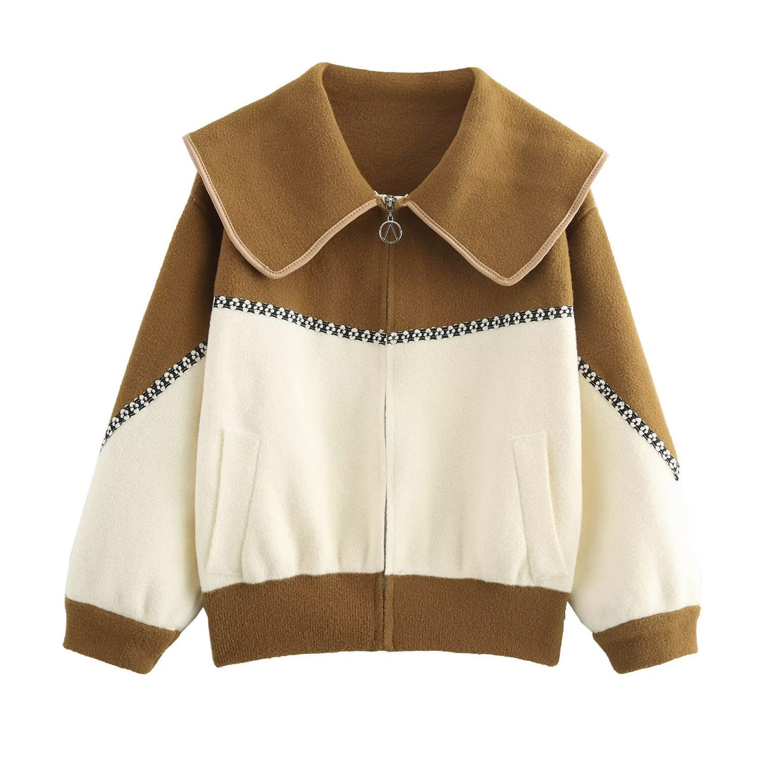 Women's Color-Block Collar Zipper Cardigan – Loose Knit Sweater