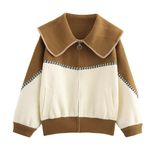Women's Color-Block Collar Zipper Cardigan – Loose Knit Sweater