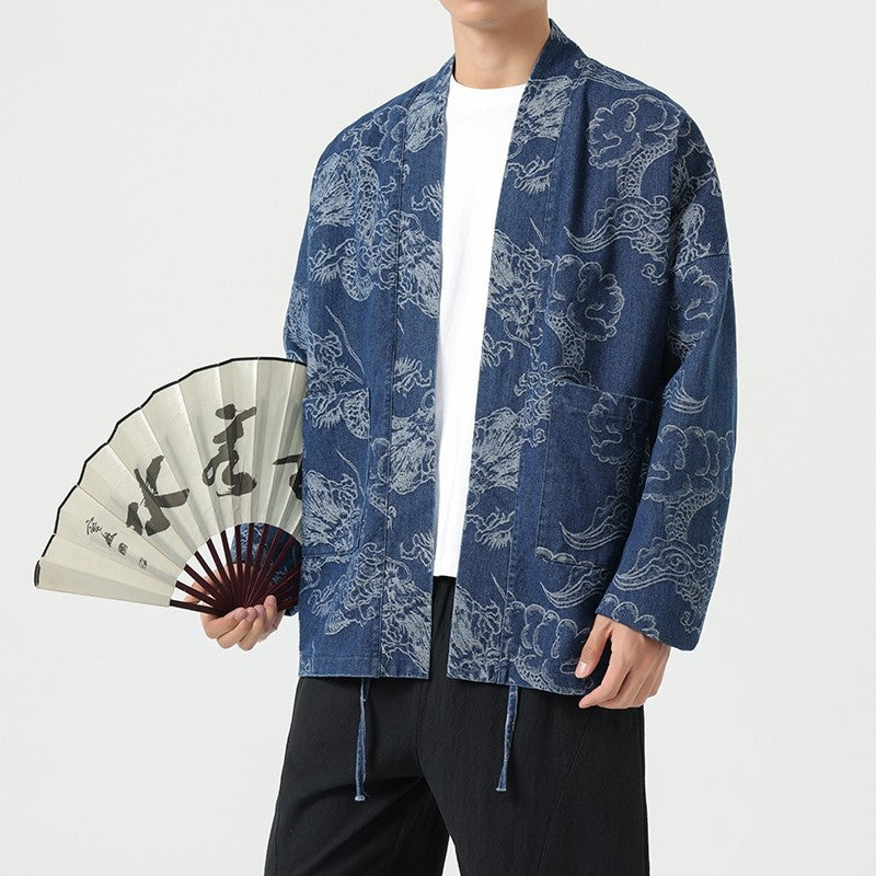 Men’s Loose Fit Denim Jacket – Dragon Robe Print, Chinese Style