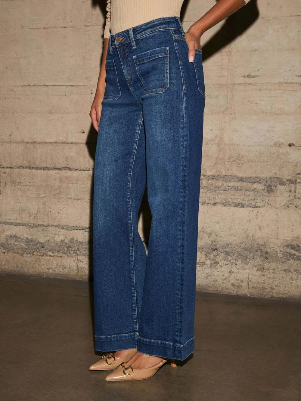High-Rise Wide Leg Patch Pocket Jeans