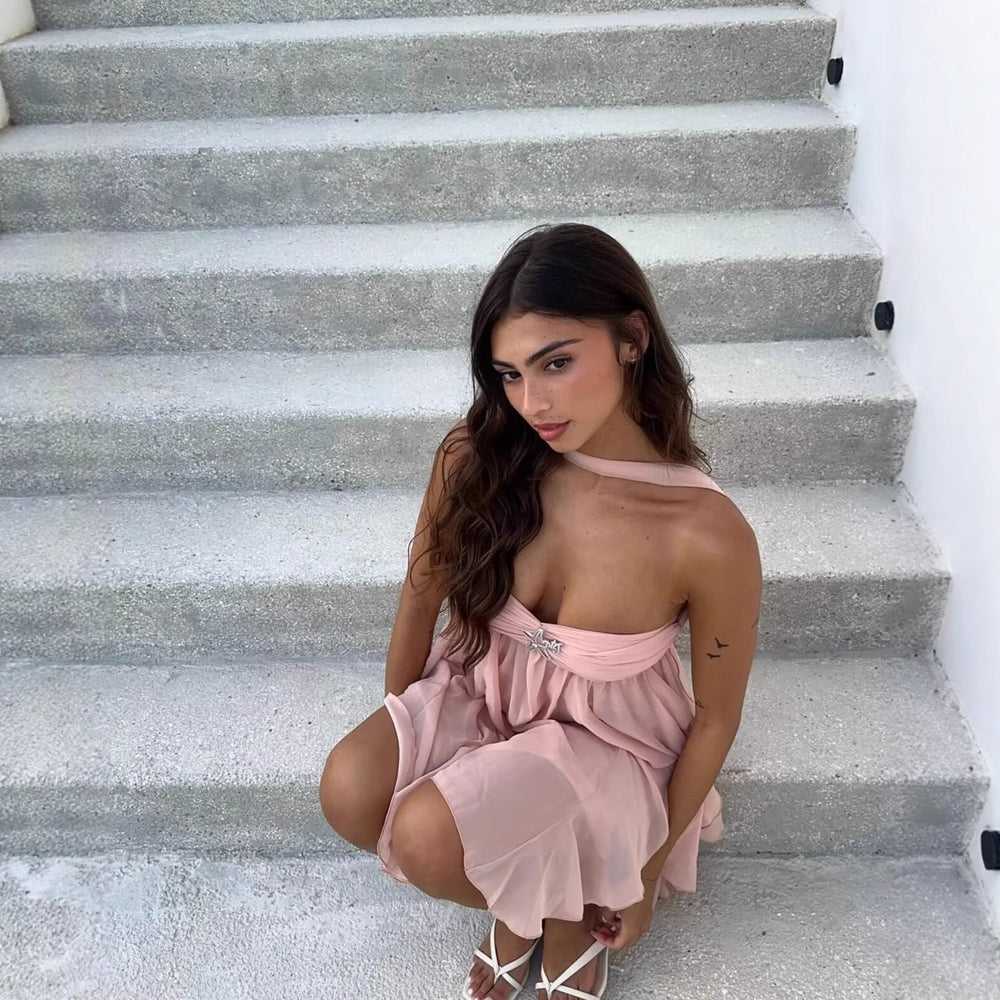 Halter Neck Backless Floral Print Dress