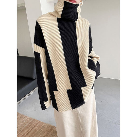 Cozy Striped High-Neck Pullover – Loose Fit with Ruffles