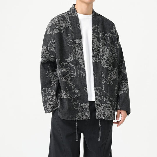Men’s Loose Fit Denim Jacket – Dragon Robe Print, Chinese Style