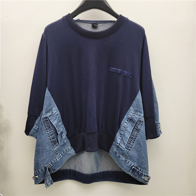 Retro Patchwork Denim Batwing Top