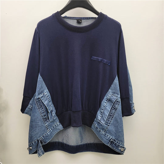 Retro Patchwork Denim Batwing Top