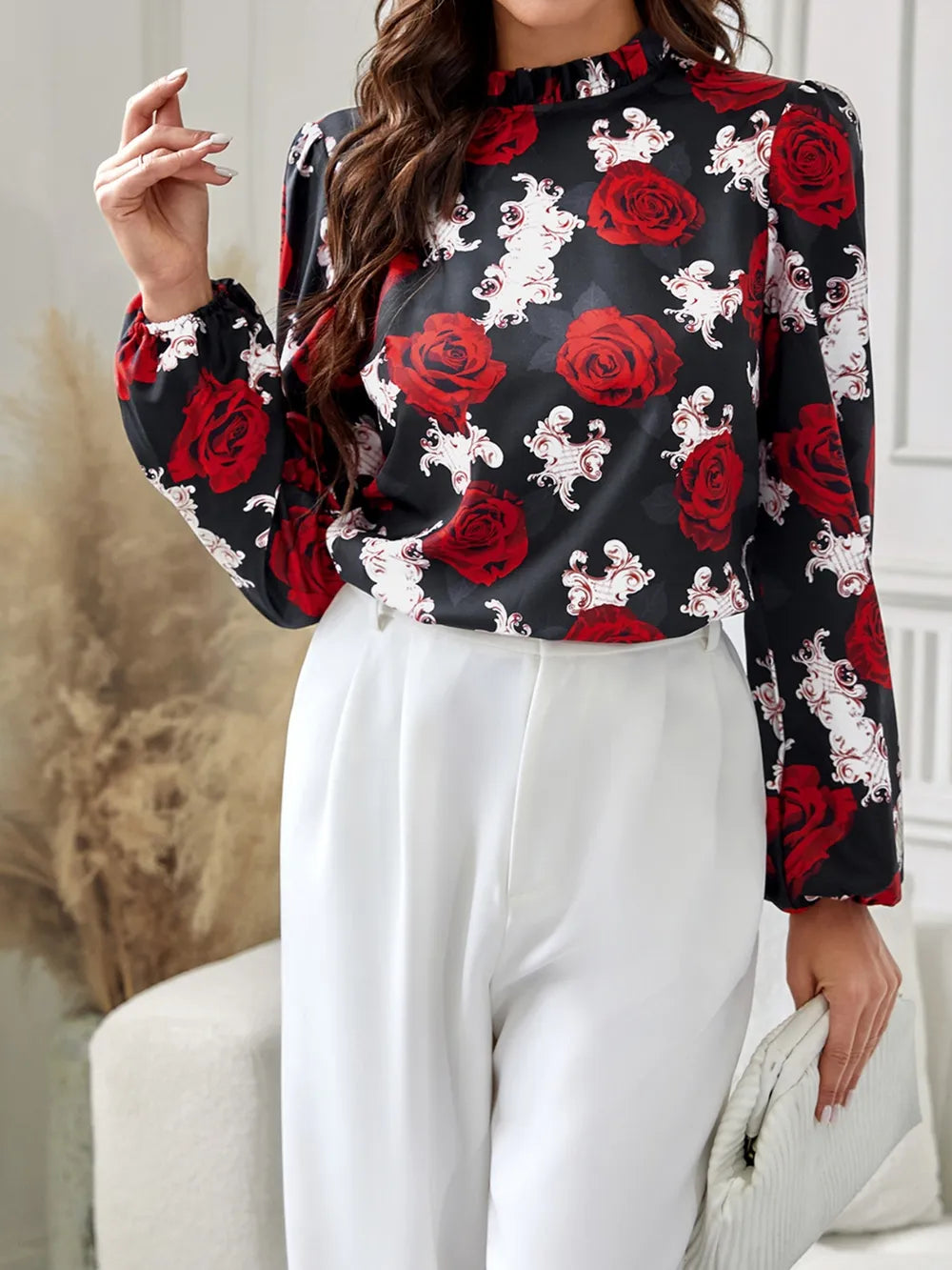 rose printed ruffle collar shirt