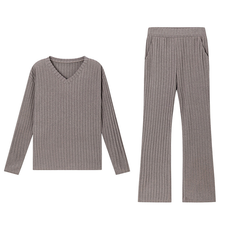 Chic Loose V-Neck Ribbed Knit Set with Straight Pants