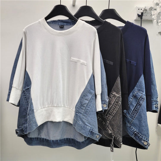 Retro Patchwork Denim Batwing Top
