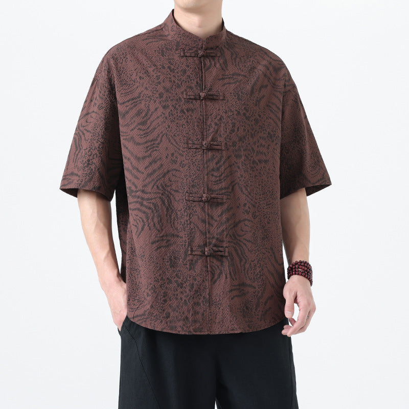 Traditional Tang Suit Short Sleeve Leopard Print Shirt