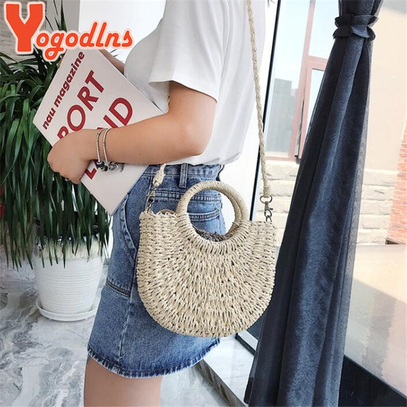 Yogodlns Handmade Half-Round Rattan Straw Bag