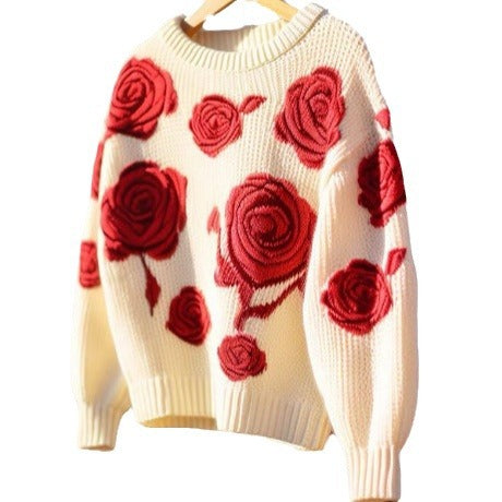 Retro Red Rose Knit Sweater – Loose & Soft Base Layer