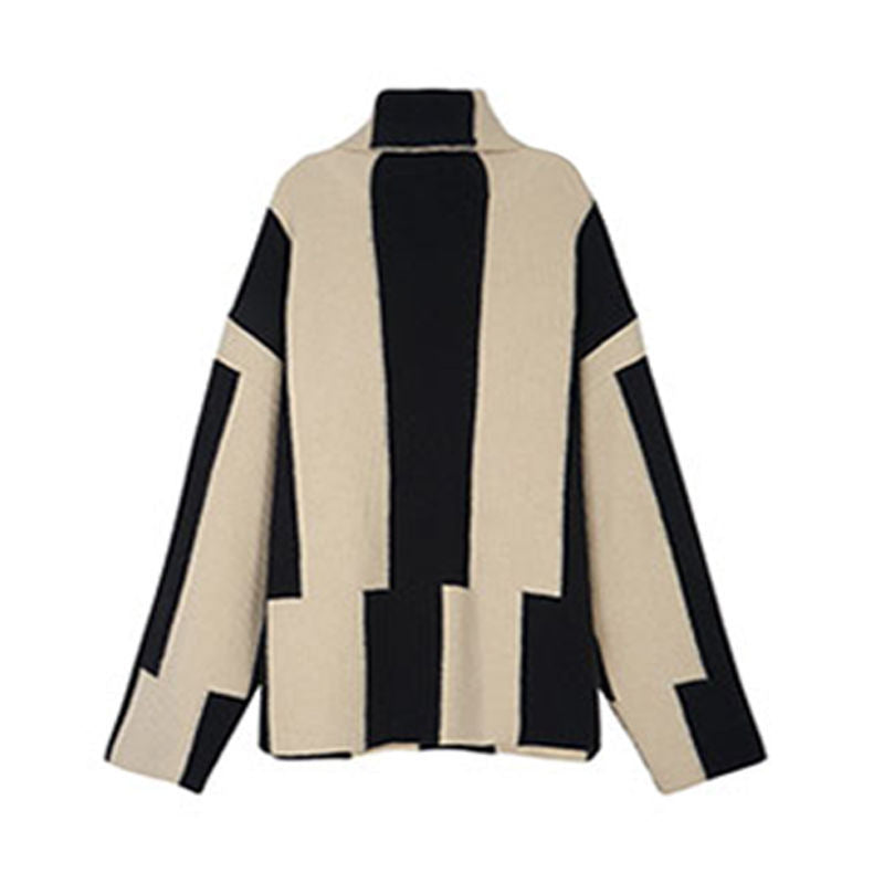 Cozy Striped High-Neck Pullover – Loose Fit with Ruffles