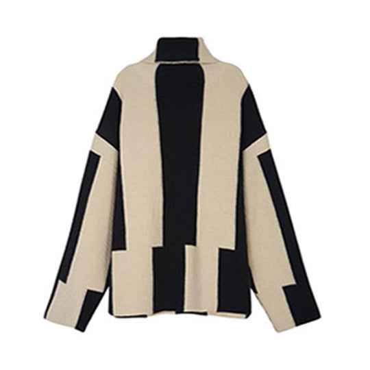 Cozy Striped High-Neck Pullover – Loose Fit with Ruffles