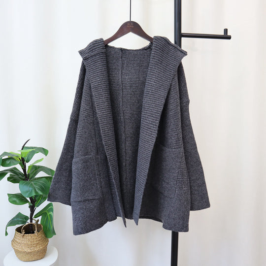Women’s Hooded Knitted Cardigan – Loose Fit, Elegant & Casual Sweater Jacket