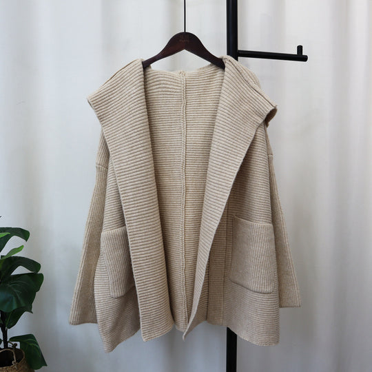 Women’s Hooded Knitted Cardigan – Loose Fit, Elegant & Casual Sweater Jacket