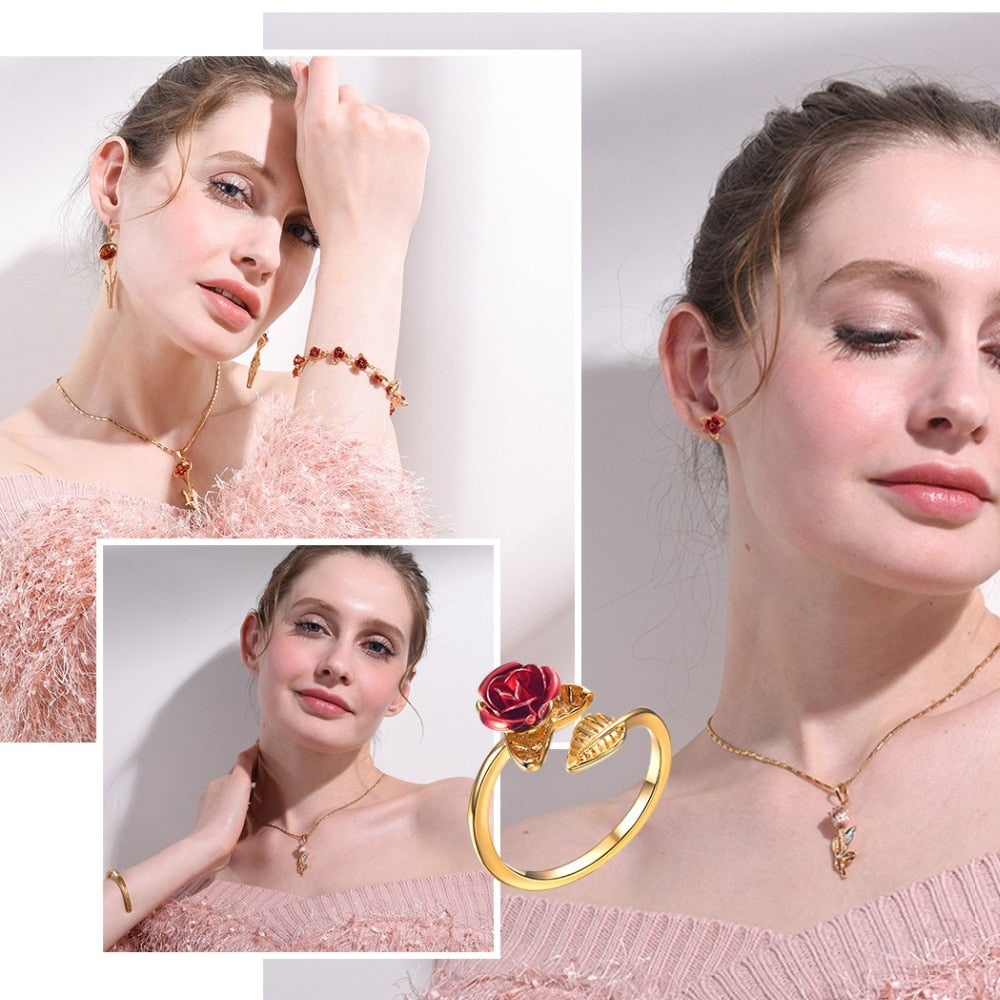 U7 Red Rose Bloom Adjustable Ring