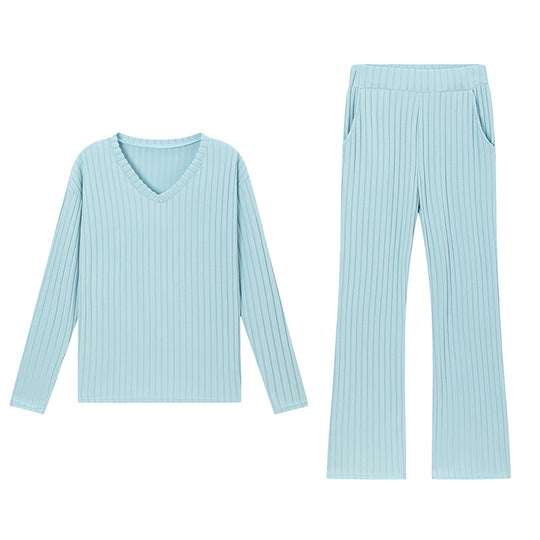 Chic Loose V-Neck Ribbed Knit Set with Straight Pants
