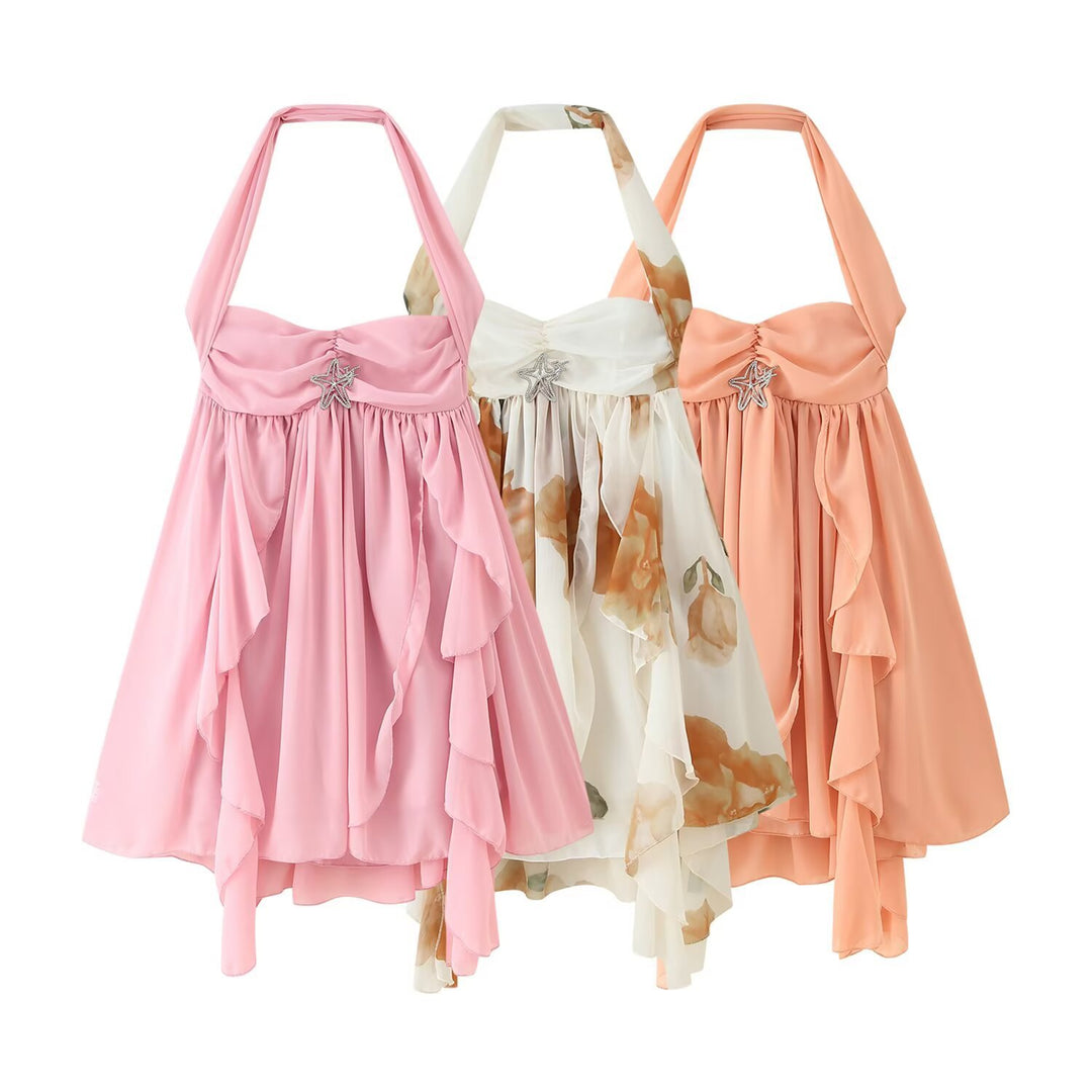 Halter Neck Backless Floral Print Dress