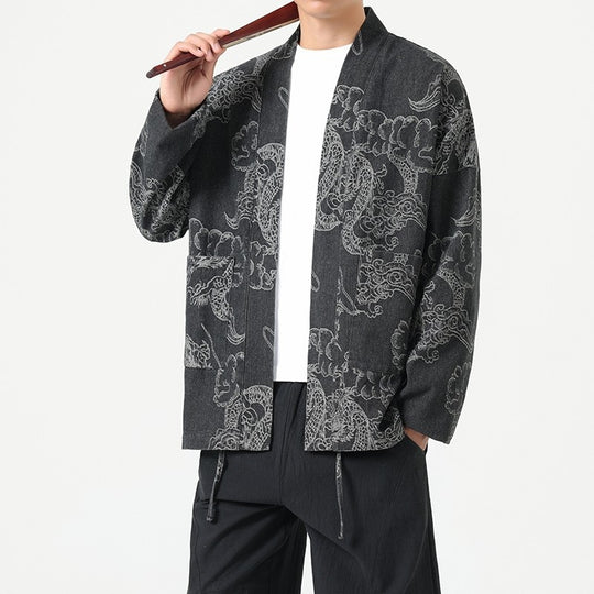 Men’s Loose Fit Denim Jacket – Dragon Robe Print, Chinese Style