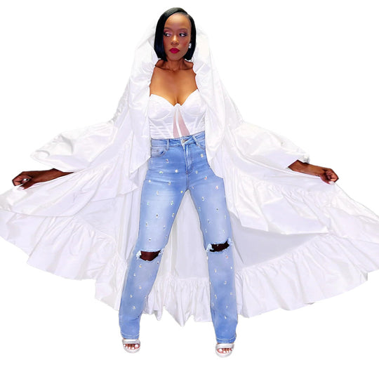 Women's Long Ruffled Shawl Windbreaker