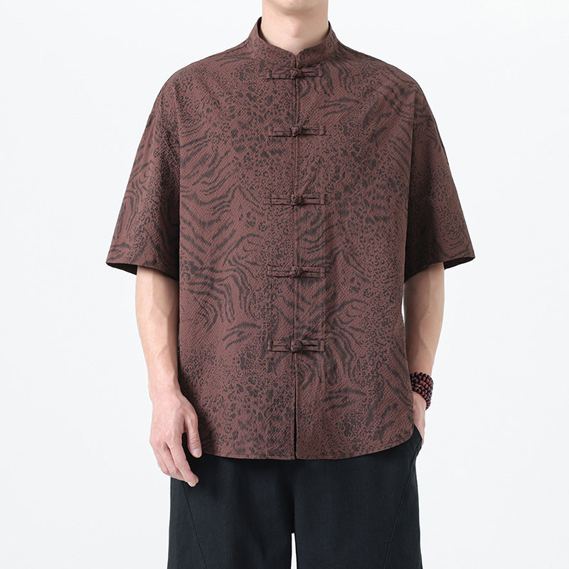 Traditional Tang Suit Short Sleeve Leopard Print Shirt