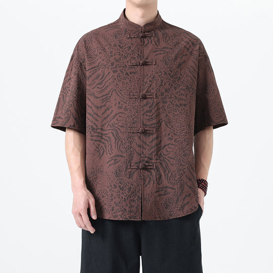Traditional Tang Suit Short Sleeve Leopard Print Shirt