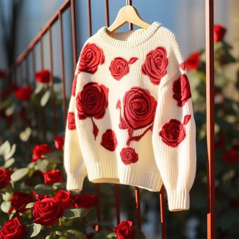 Retro Red Rose Knit Sweater – Loose & Soft Base Layer